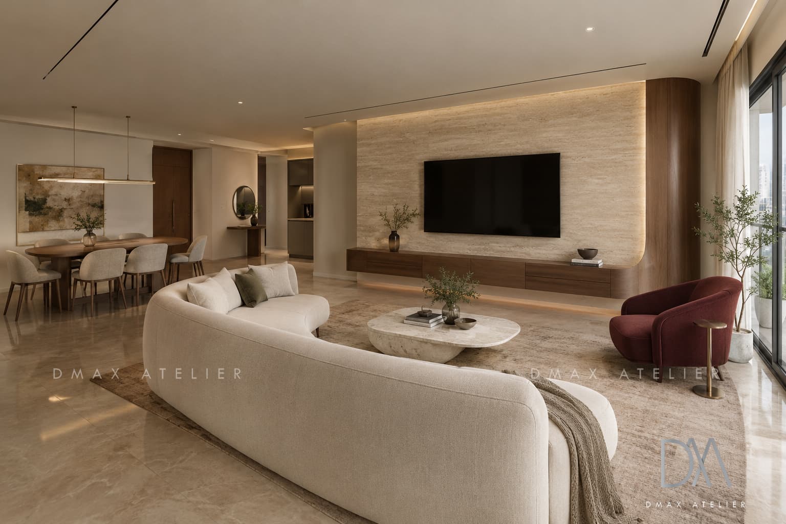 Warm contemporary living and dining room by D Max Atelier
